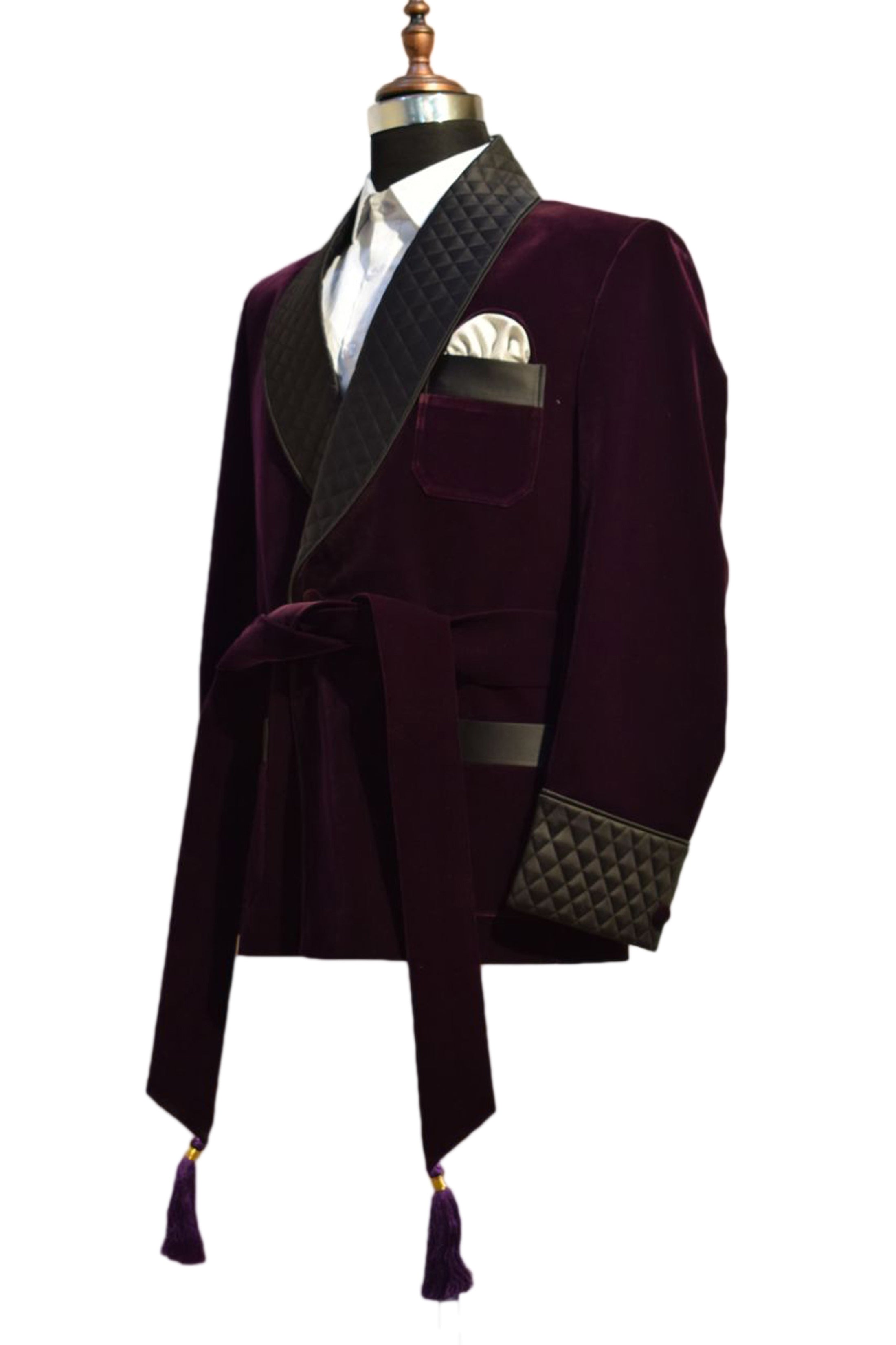 Men Purple Velvet Smoking Jacket with Quilted Lapel, Cuffs and Belt