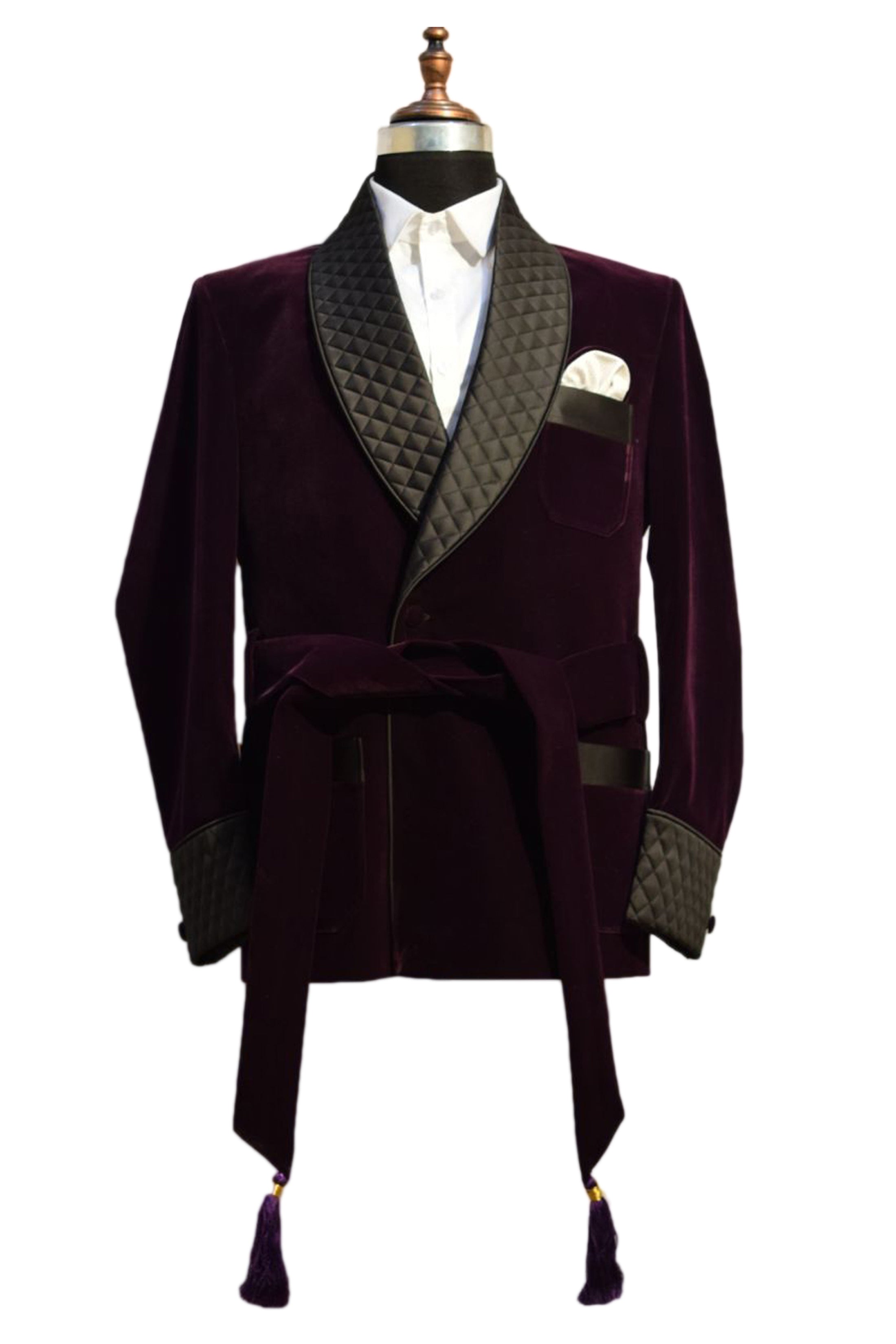 Men Purple Velvet Smoking Jacket with Quilted Lapel, Cuffs and Belt
