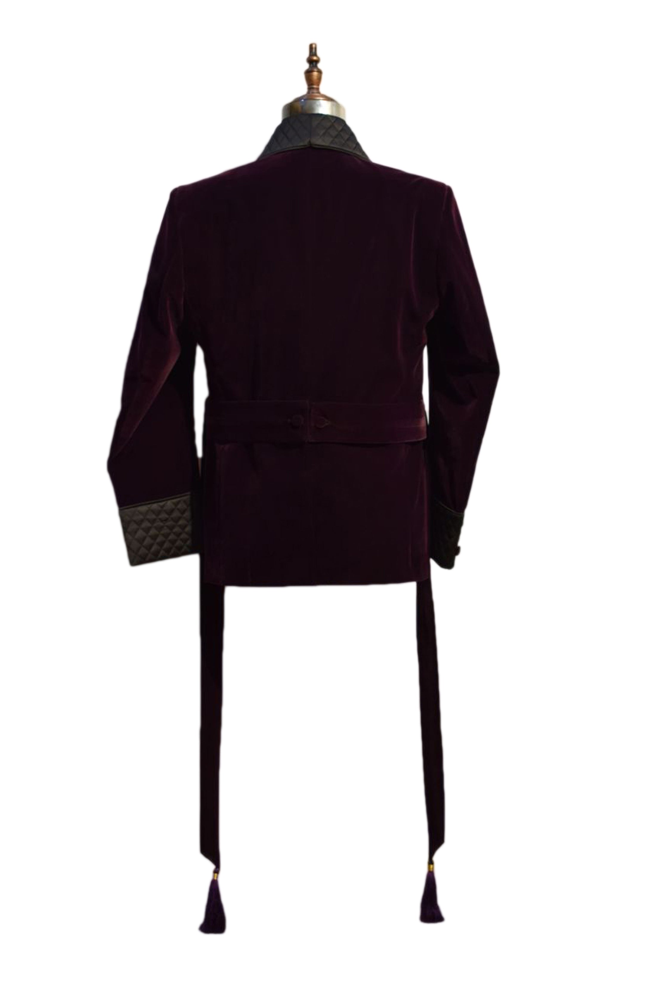 Men Purple Velvet Smoking Jacket with Quilted Lapel, Cuffs and Belt