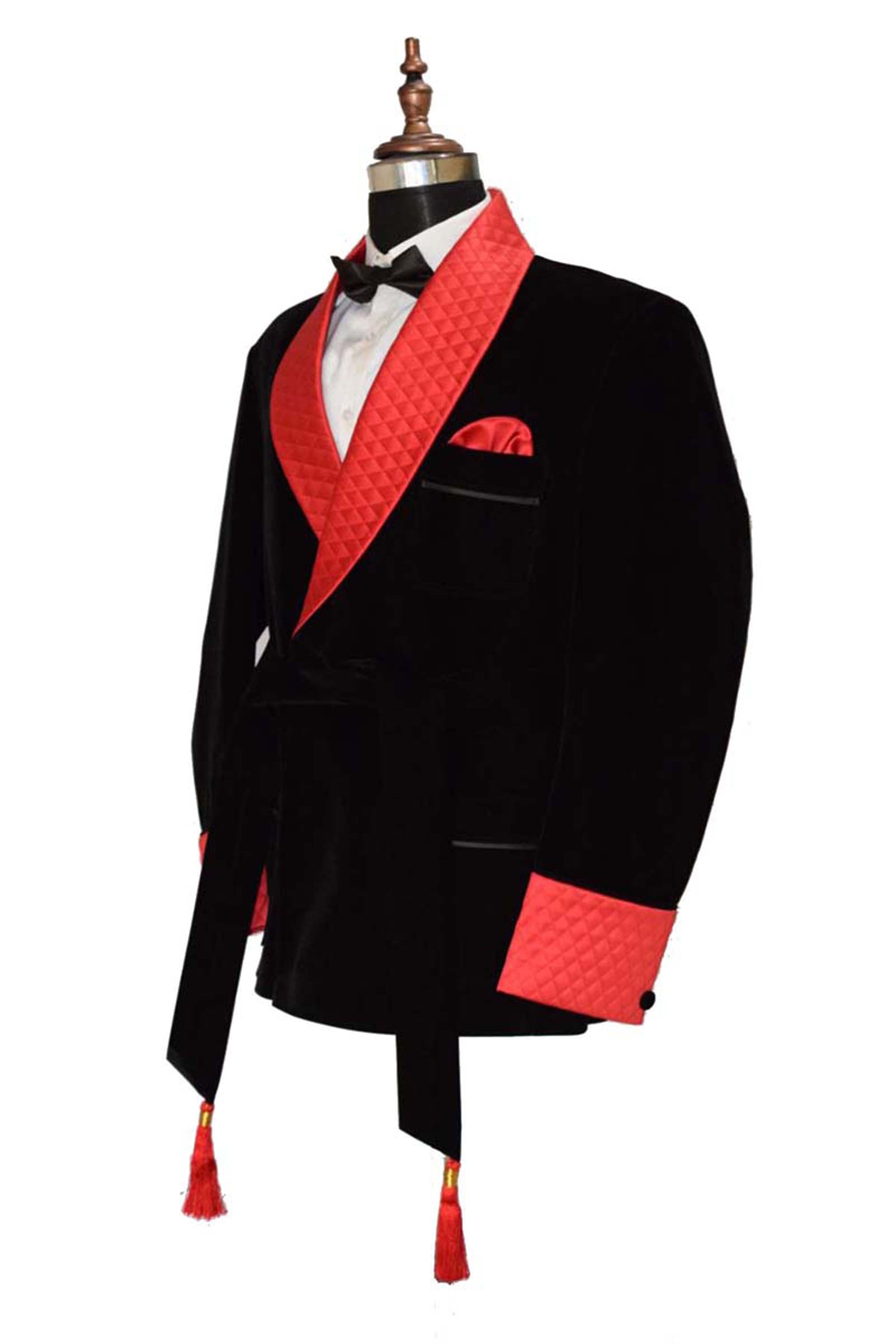 Men Black Velvet Smoking Jacket with Black Quilted Lapel, Cuffs and Belt