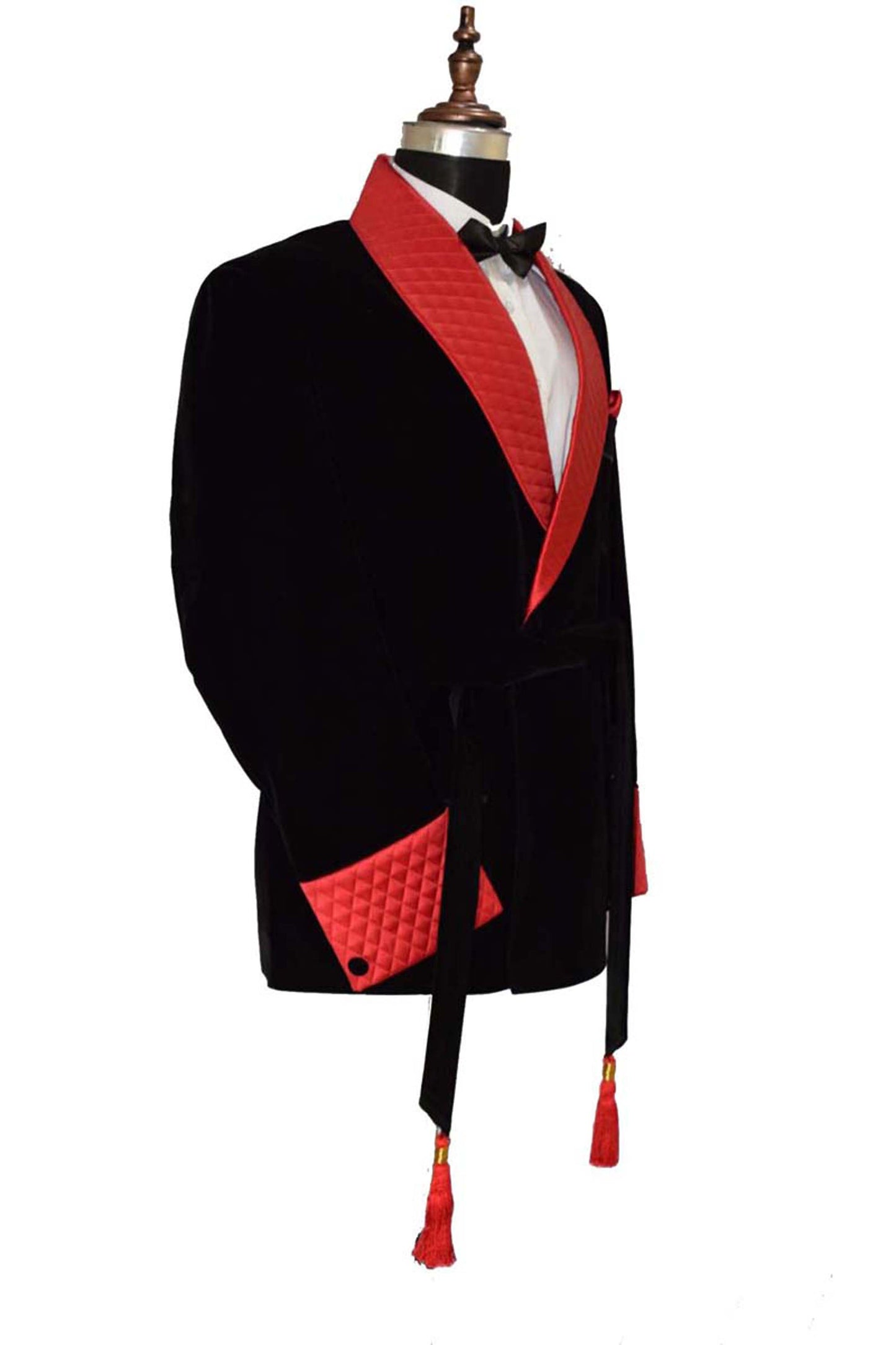 Men Black Velvet Smoking Jacket with Black Quilted Lapel, Cuffs and Belt