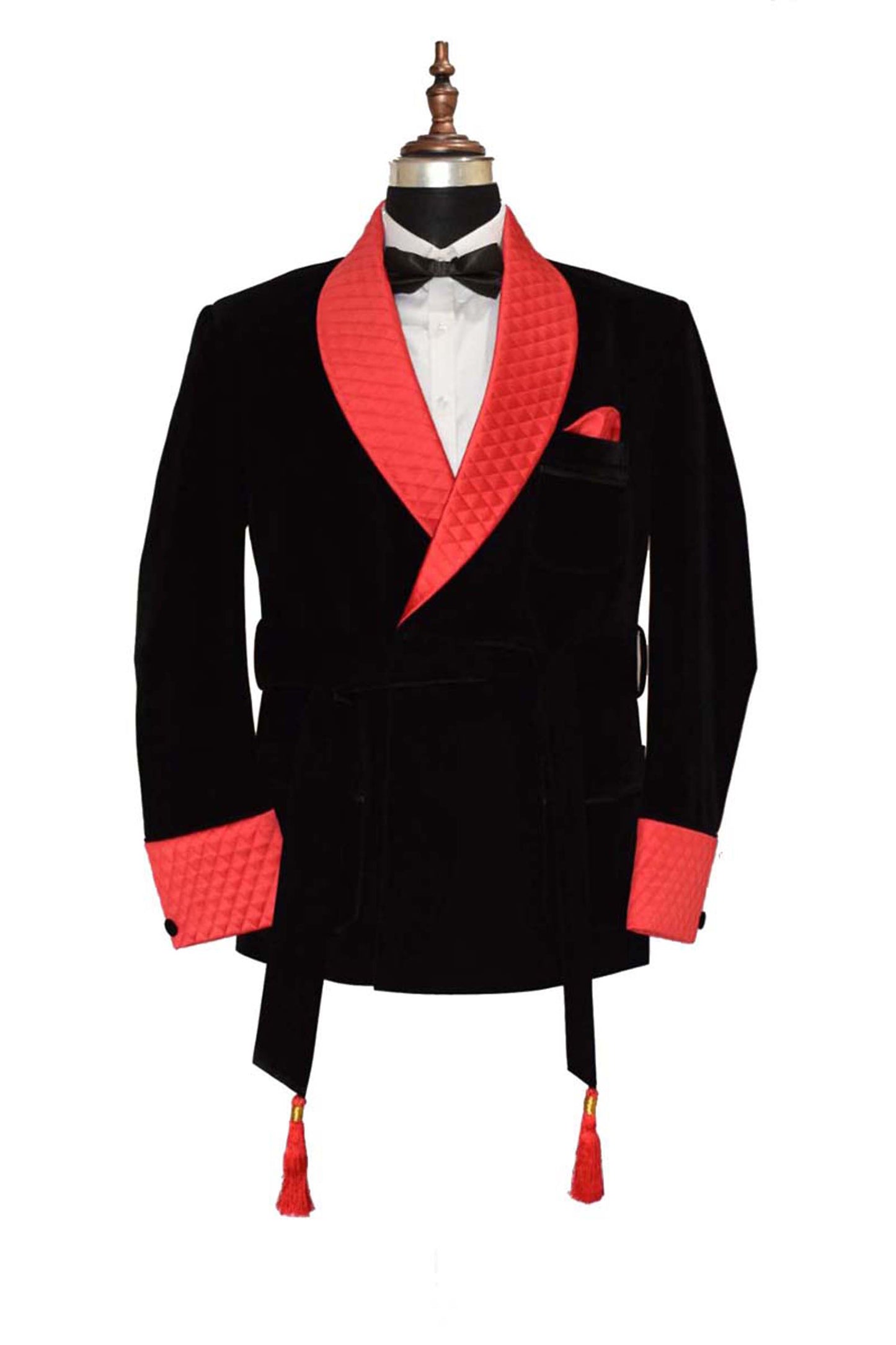 Men Black Velvet Smoking Jacket with Black Quilted Lapel, Cuffs and Belt