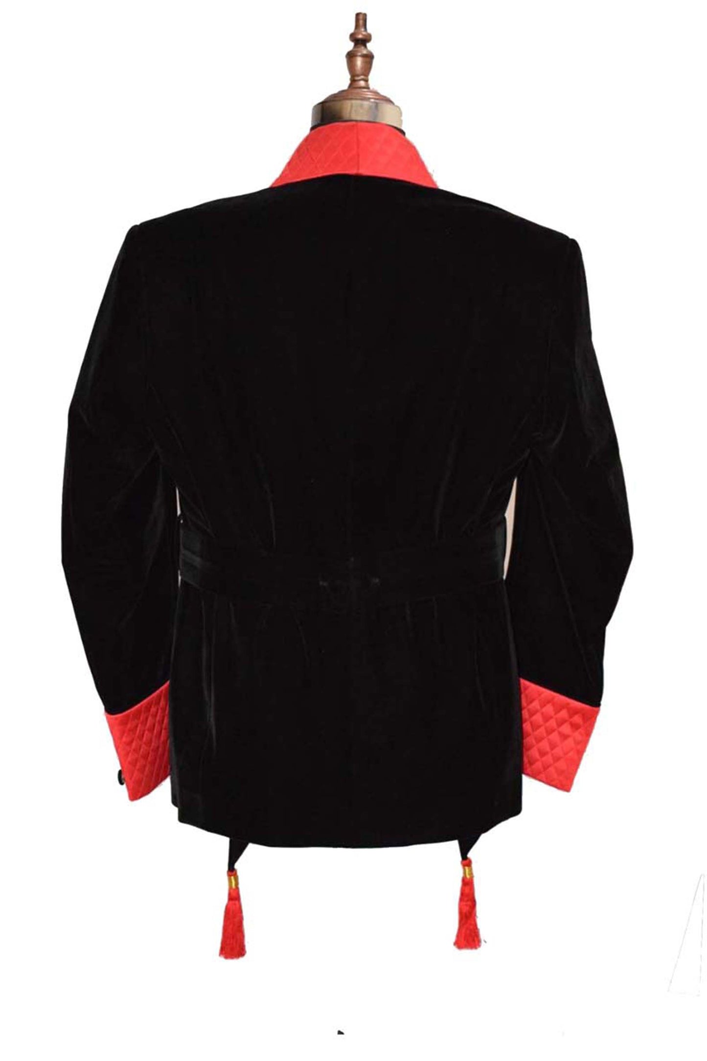 Men Black Velvet Smoking Jacket with Black Quilted Lapel, Cuffs and Belt